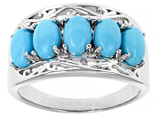 6x4mm Oval Cabochon Sleeping Beauty Turquoise Rhodium Over Sterling Silver 5 Stone Band Ring - Size 7
