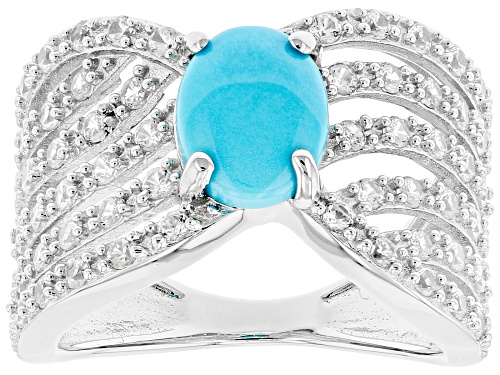 Photo of 9x7mm Oval Sleeping Beauty Turquoise and 1.36ctw Zircon Rhodium Over Silver Crossover Band Ring - Size 9