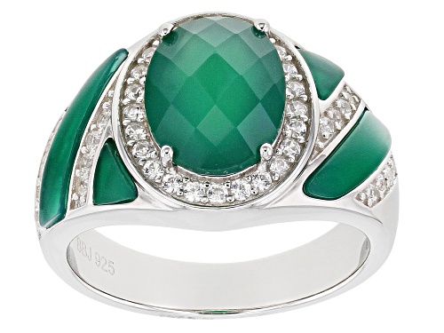 Photo of 10X8mm oval and fancy cut green onyx with 1.25ctw zircon rhodium over sterling silver ring - Size 8