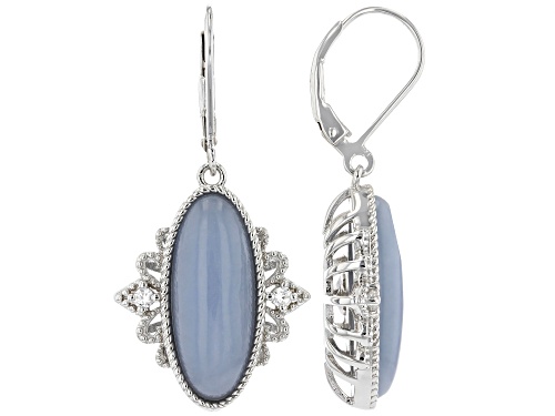 20x8mm Oval Angelite With .07ctw Round Rhodium Over Sterling Silver Dangle Earrings