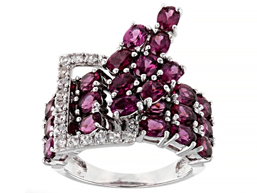 Photo of 5.06ctw Oval Raspberry Color Rhodolite With 0.32ctw Round White Zircon Rhodium Over Silver Ring - Size 7