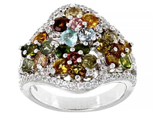 Photo of 2.20ctw round multi-color tourmaline with 0.64ctw white zircon rhodium over sterling silver ring - Size 8