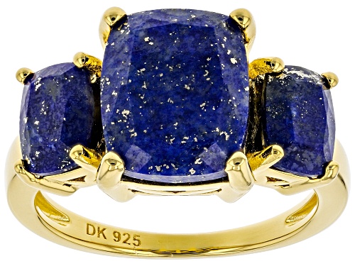 Photo of 11x9mm, 7x5mm cushion Faceted Lapis Lazuli 18k Yellow Gold Over Sterling Silver 3-Stone Ring - Size 7