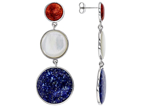 10MM RED CORAL, 15MM MOTHER OF PEARL, 20MM LAPIS RHODIUM OVER STERLING SILVER EARRINGS