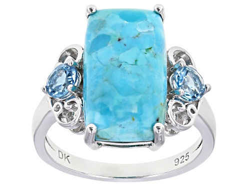 Photo of 16x9mm Rectangular Cushion Turquoise and 0.54ctw Swiss Blue Topaz Rhodium Over Sterling Silver Ring - Size 6