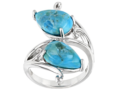 Photo of 12x8mm Pear Shape Cabochon Turquoise Rhodium Over Sterling Silver Bypass Ring - Size 8