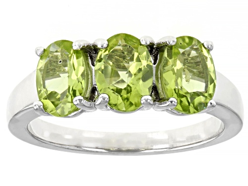 2.05ctw Oval Manchurian Peridot(TM) Rhodium Over Sterling Silver 3-stone Ring - Size 7