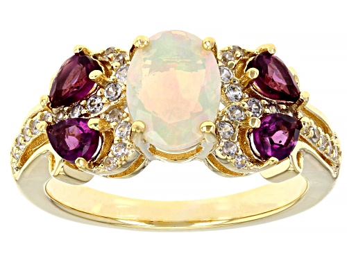 1.73ctw Ethiopian Opal, Raspberry Color Rhodolite & White Zircon 18K Yellow Gold Over Silver Ring - Size 6