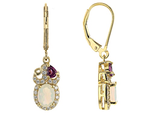 2.04ctw Ethiopian Opal With Rhodolite and White Zircon 18K Yellow Gold Over Silver Earrings