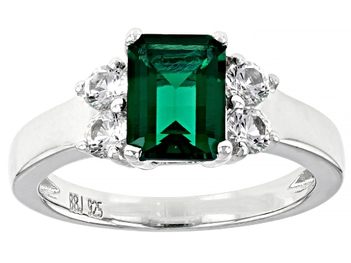 1.10ct Emerald Cut Lab Created Emerald with .52ctw Lab Created Sapphire Rhodium Over Silver Ring - Size 10