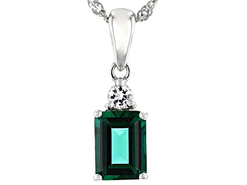 1.10ct Lab Created Emerald, .14ct Lab Created White Sapphire Rhodium Over Silver Pendant/Chain