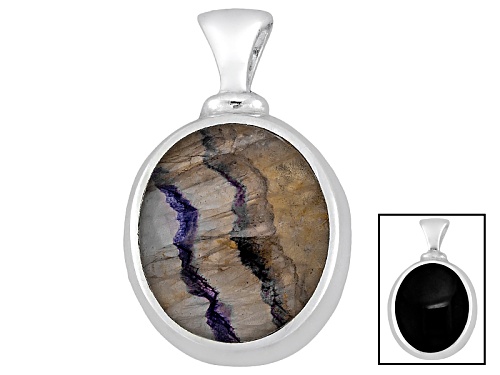 English Blue John Fluorite And Whitby Jet 19x15mm Dinky Oval Cabochon Ster Double Sided Pendant