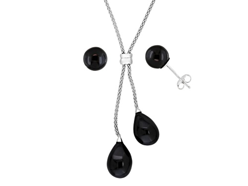 Photo of Whitby Jet 8mm Round And Free Form Sterl Silver Stud Earrings & Bobble Chain Necklace W. Hamond Box