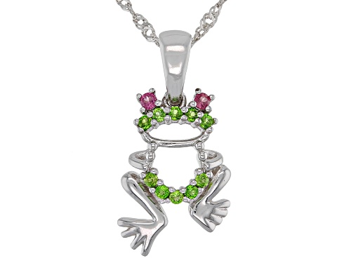 .13ctw Chrome Diopside & Raspberry Color Rhodolite Rhodium Over Silver Children's Frog Pendant/Chain