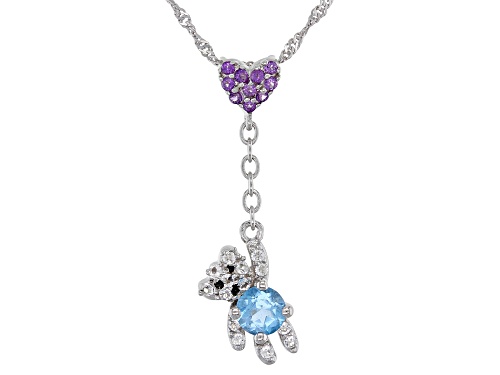.52ctw Swiss Blue & White Topaz w/African Amethyst Rhodium Over Silver Children's Bear Pendant/Chain