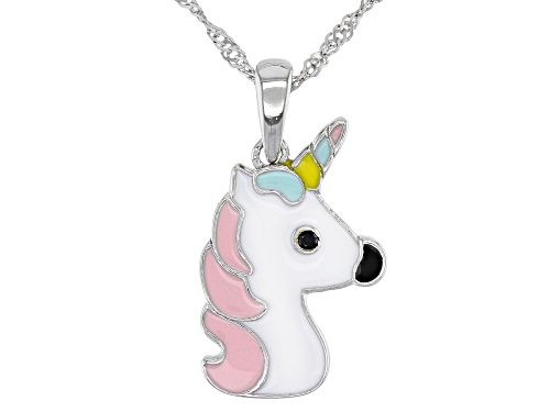 .02ct Black Spinel Multi-Color Enamel & Rhodium Over Silver Children's Unicorn Pendant With Chain