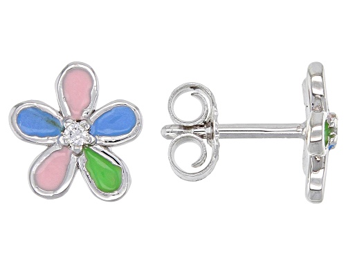 Multi-Color Enamel & .02ctw White Zircon Rhodium Over Silver Children's Flower Stud Earrings