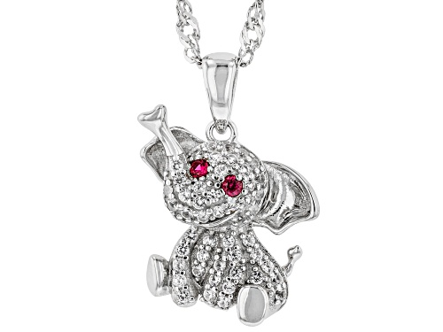 Photo of .32ctw Lab Created Ruby &  Lab White Sapphire Rhodium Over Silver Children's Elephant Pendant/Chain
