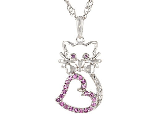.23ctw Lab Pink Sapphire & Lab White Sapphire Rhodium Over Silver Children's Cat Pendant With Chain