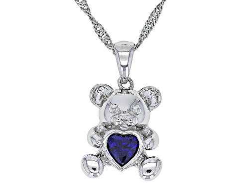 Photo of 0.45ct Heart Shape Lab Blue Sapphire Rhodium Over Silver Teddy Bear Children's Pendant/Chain