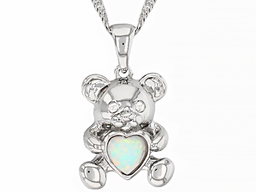 0.45ct Heart Shape Lab Created Opal Rhodium Over Silver Teddy Bear Children's Pendant With Chain