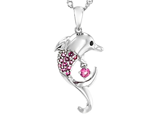 Photo of .34CTW ROUND RHODOLITE WITH .01CT BLACK SPINEL DOLPHIN CHILDREN'S PENDANT WITH CHAIN