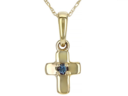 .03ct Round Lab Created Alexandrite Solitaire, 10k Yellow Gold Child's Cross Pendant With 12" Chain.
