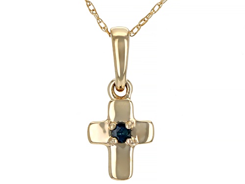 .03ct Round Blue Sapphire Solitaire, 10k Yellow Gold Child's Cross Pendant With 12" Chain.