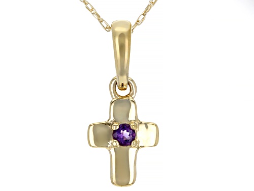 Photo of .03ct Round African Amethyst Solitaire, 10k Yellow Gold Child's Cross Pendant With 12" Chain.