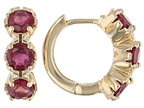 1.11ctw Round Mahaleo® Ruby, Children's 3-Stone 10k Yellow Gold Huggie Hoop Earrings.