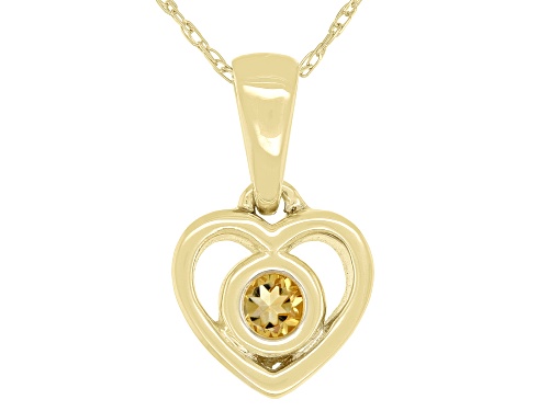 .10ct Round Golden Citrine Solitaire, 10k Yellow Gold Children's Heart Pendant With 12" Rope Chain