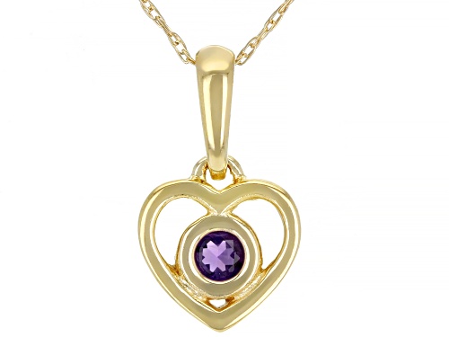 Photo of .10ct Round African Amethyst Solitaire, 10k Yellow Gold Children's Heart Pendant With 12" Rope Chain