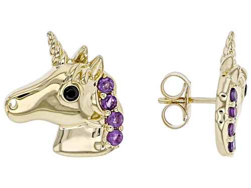 Photo of 0.10ctw Round Amethyst With 0.04ctw Black Spinel 10k Yellow Gold Children's Unicorn Stud Earrings