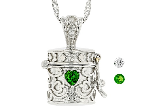 Photo of .14ctw Chrome Diopside & .04ctw Lab Sapphire Rhodium Over Silver Children's Prayer Box Pendant Chain