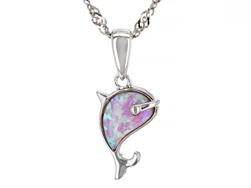 Photo of 0.21ctw Lab Created Pink Opal Rhodium Over Silver Children's Whale Pendant With Chain.
