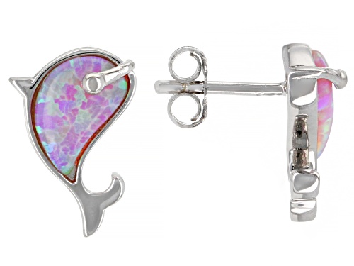 Photo of 0.43ctw Pink Lab Created Opal Rhodium Over Sterling Silver Children's Whale Earrings
