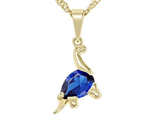 Photo of 0.66ct Pear Lab Blue Spinel 18k Yellow Gold Over Sterling Silver Children's Dinosaur Pendant/Chain