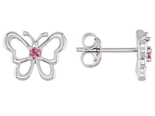 .08ctw Round Pink Tourmaline Rhodium Over Sterling Silver Children's Butterfly Stud Earrings