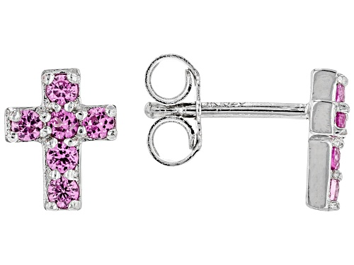 Photo of .31ctw Round Lab Created Pink Sapphire Rhodium Over Sterling Silver Children's Cross Earrings