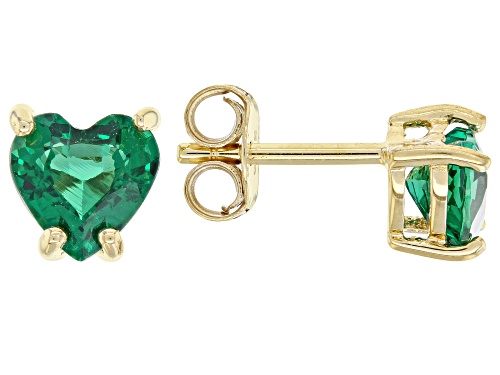 Photo of 0.68ctw Heart Shaped Lab Emerald 18k Yellow Gold Over Silver Children's Birthstone Earrings