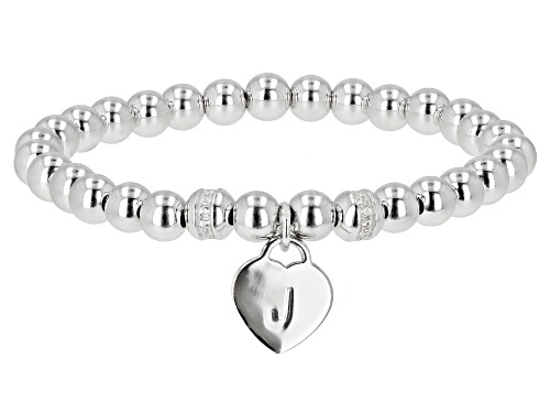 Photo of .14ctw Round White Zircon Rhodium Over Sterling Silver Stretch Bead "J" Children's Bracelet - Size 6