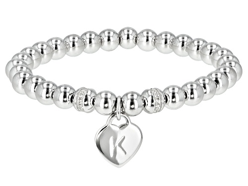 Photo of .14ctw Round White Zircon Rhodium Over Sterling Silver Stretch Bead "K" Children's Bracelet - Size 6