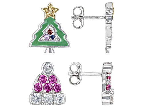 0.86ctw Multi-Gem & Enamel Rhodium Over Silver Santa Hat & Christmas Tree Children's Earring Set