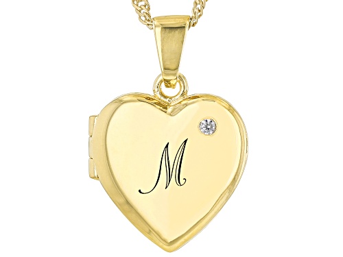 Photo of 0.02ctw White Zircon 18k Yellow Gold Over Silver "M" Initial Children's Heart Locket Pendant/Chain