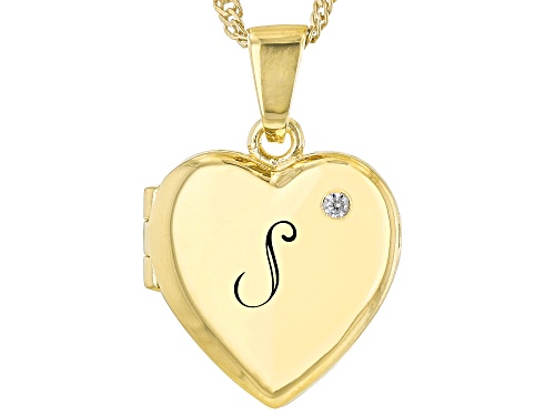 Photo of 0.02ctw White Zircon 18k Yellow Gold Over Silver "S" Initial Children's Heart Locket Pendant/Chain