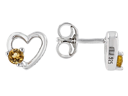 Photo of .11ctw Round Brazilian Citrine Rhodium Over Silver Children's Birthstone Heart Earrings