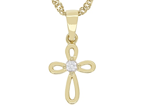 Photo of .06ct Round Lab Created White Sapphire 18k Yellow Gold Over Silver Children's Cross Pendant/Chain