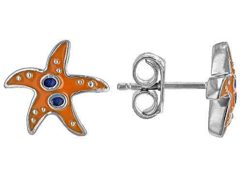 Orange and Blue Enamel Rhodium Over Sterling Silver Starfish Children's Earrings