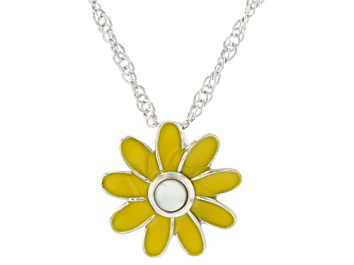 3mm Cultured Freshwater Pearl With Yellow Enamel Rhodium Over Silver Children's Pendant With Chain