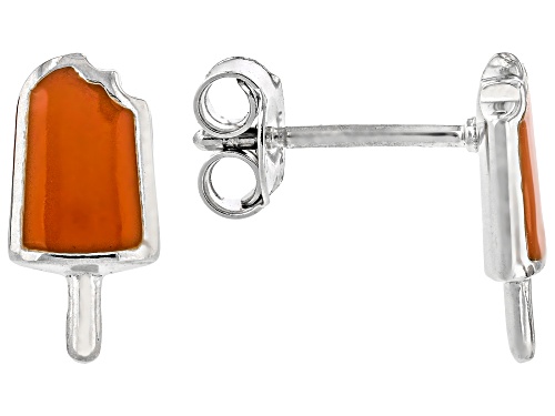 Orange Enamel Rhodium Over Sterling Silver Popsicle Children's Earrings